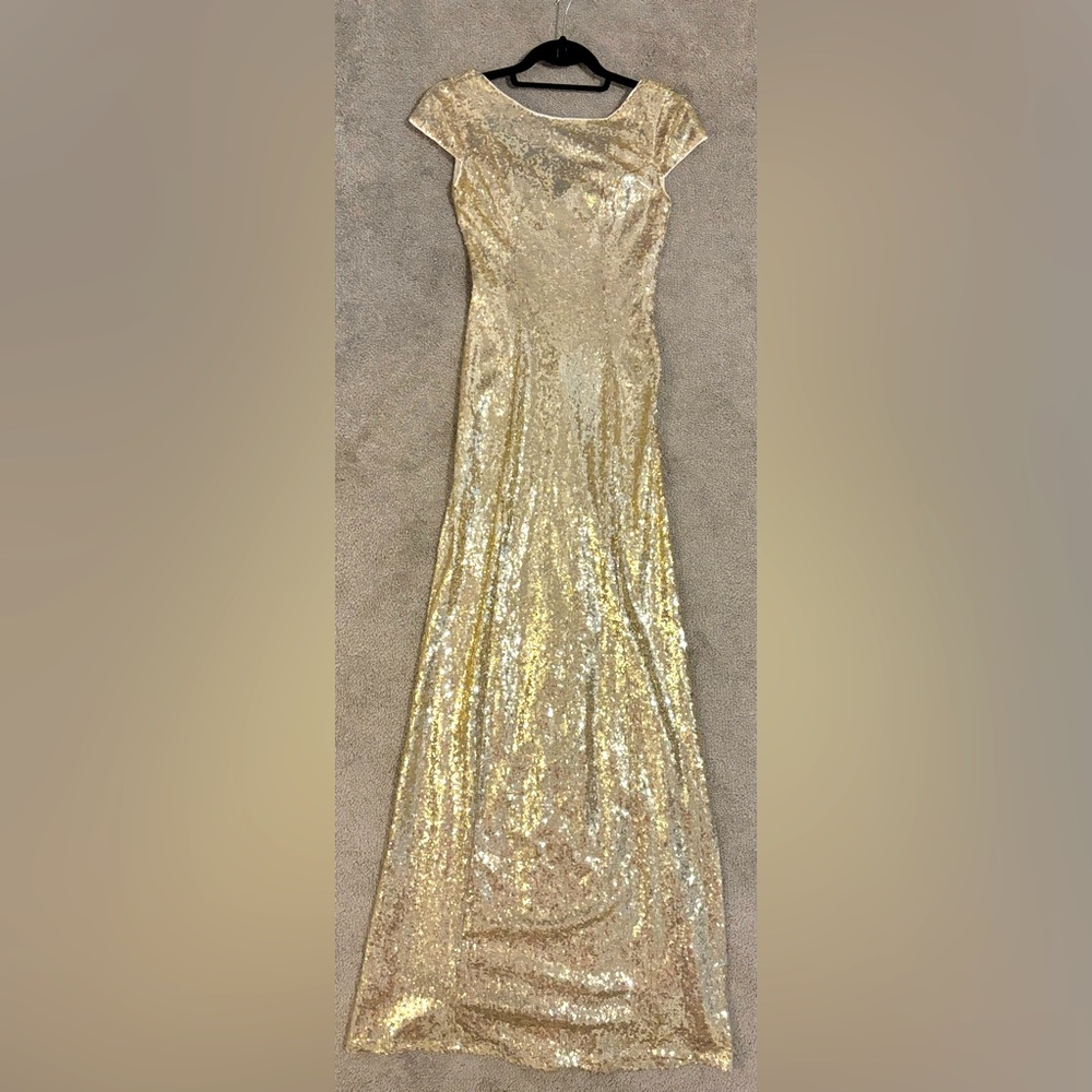 Beautifly Sequin Cowl Back Cap Sleeve Evening Gown Prom Dress in Gold Size US2
